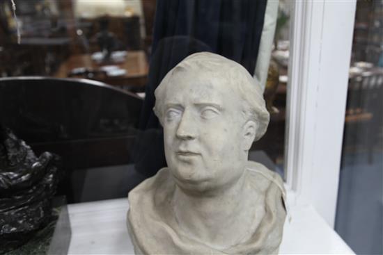 A late 18th century carved white marble bust of a gentleman, 18.5in.